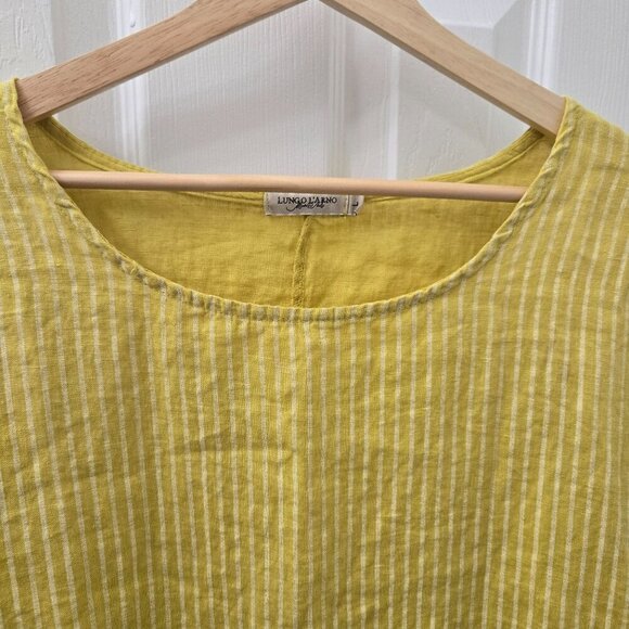 Lungo L'arno Tunic Top M/L Italy Yellow White Stripes Linen Ruffle Lagenlook - Picture 6 of 8
